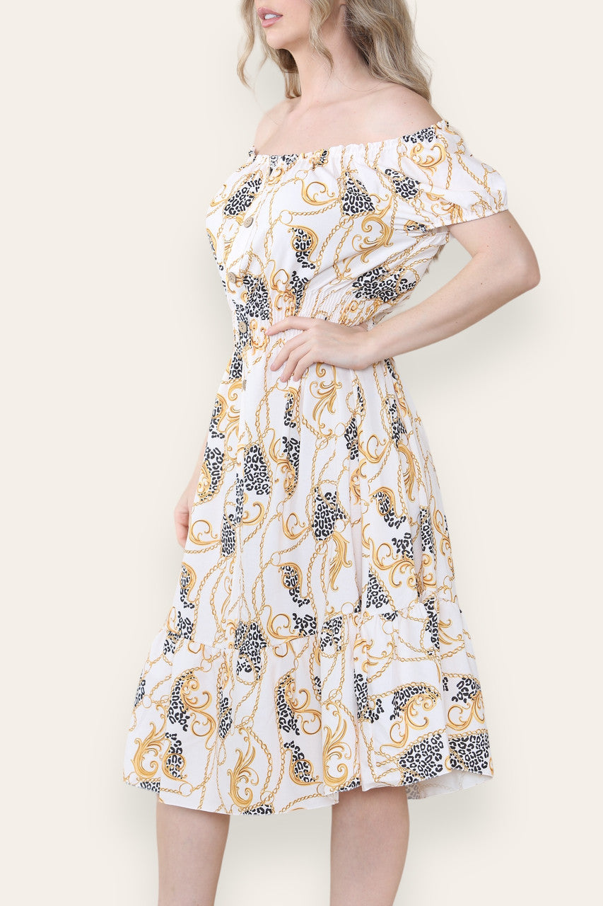 BAROQUE CHAIN PRINT MIDI DRESS CREAM