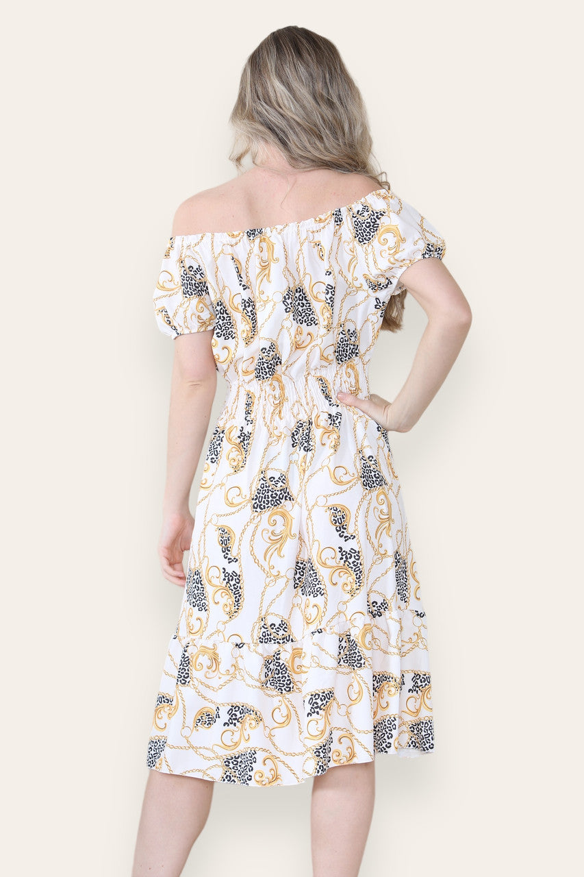 BAROQUE CHAIN PRINT MIDI DRESS CREAM