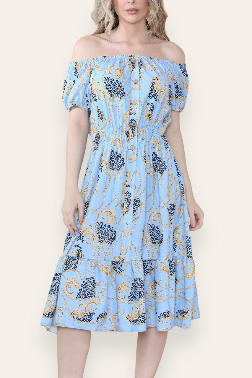 BAROQUE CHAIN PRINT MIDI DRESS LIGHT BLUE