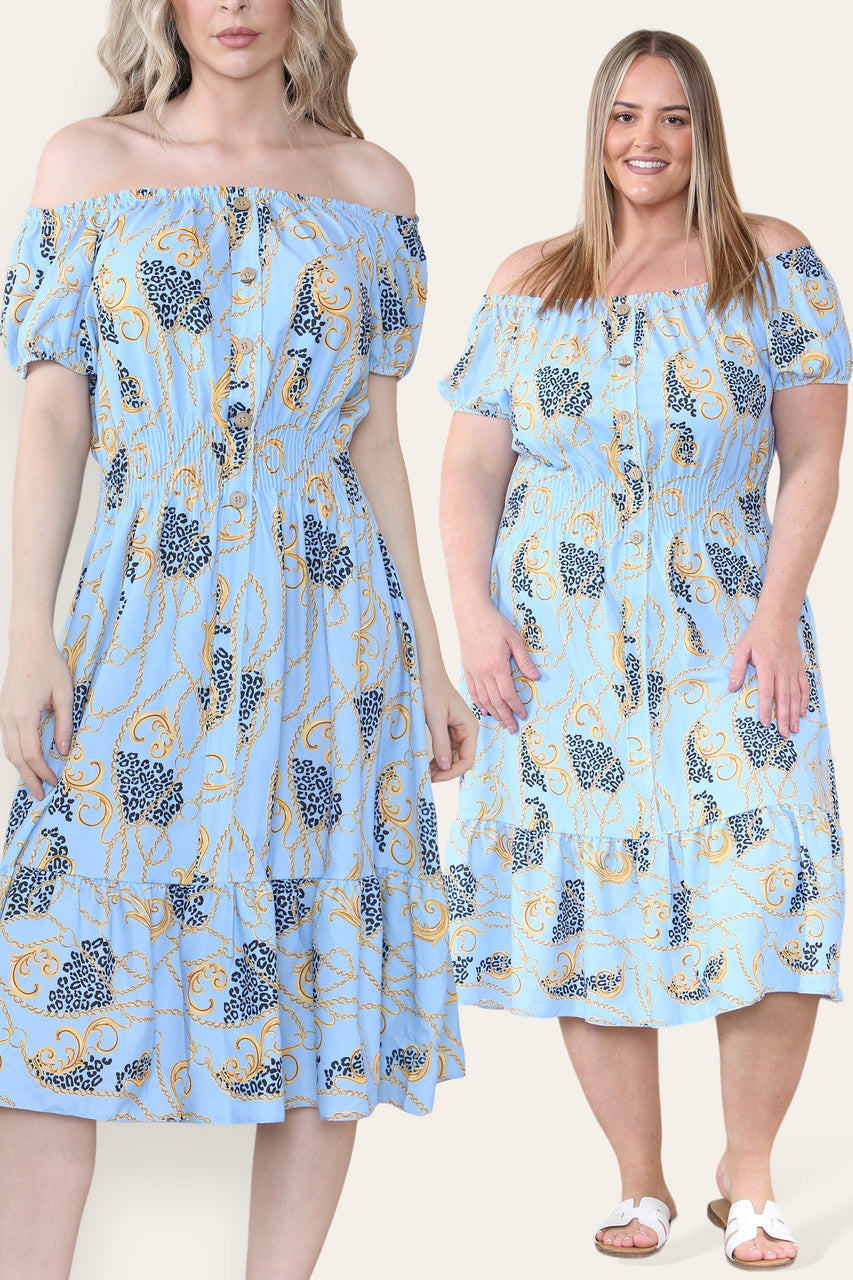 BAROQUE CHAIN PRINT MIDI DRESS LIGHT BLUE