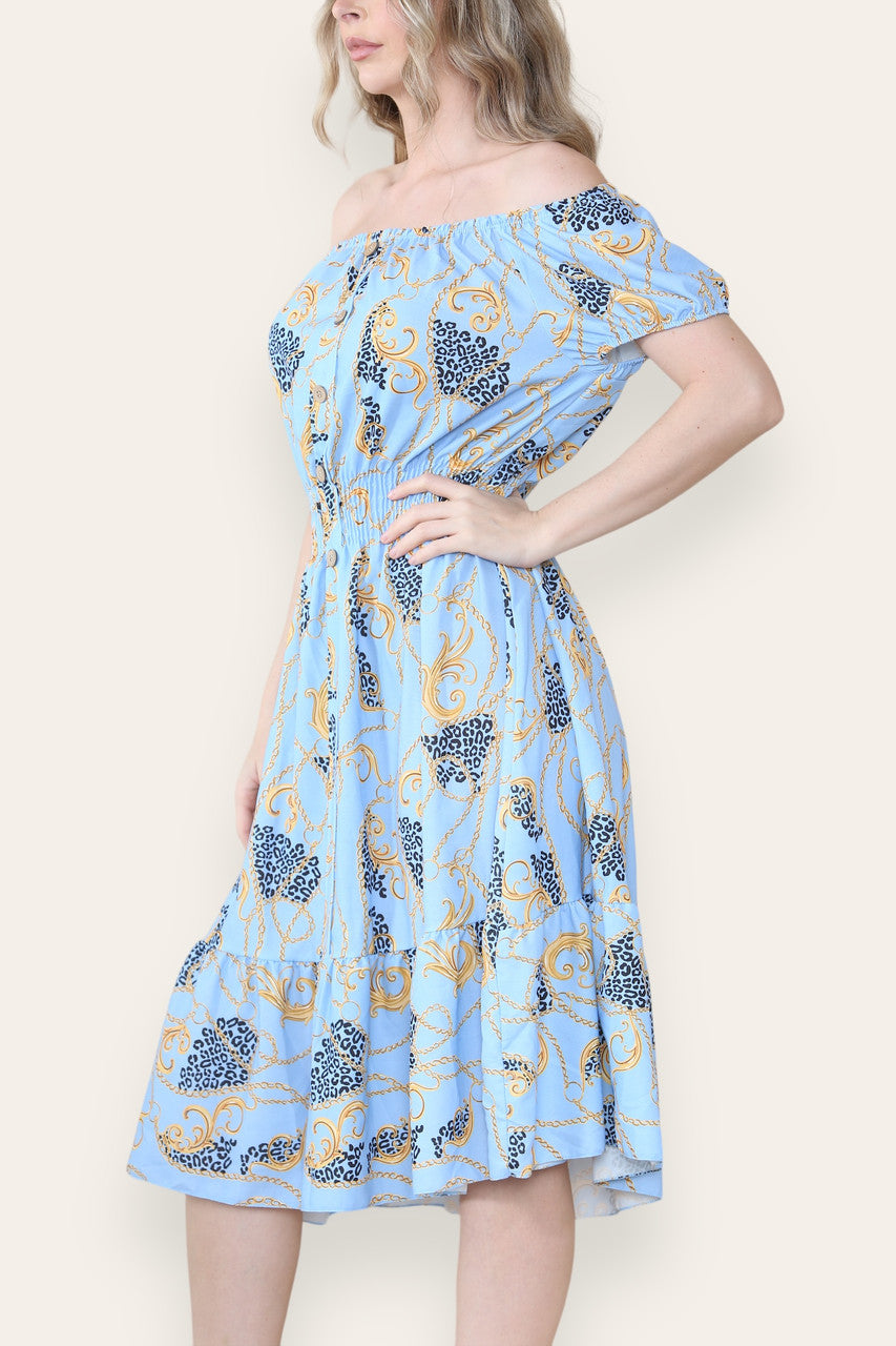 BAROQUE CHAIN PRINT MIDI DRESS LIGHT BLUE