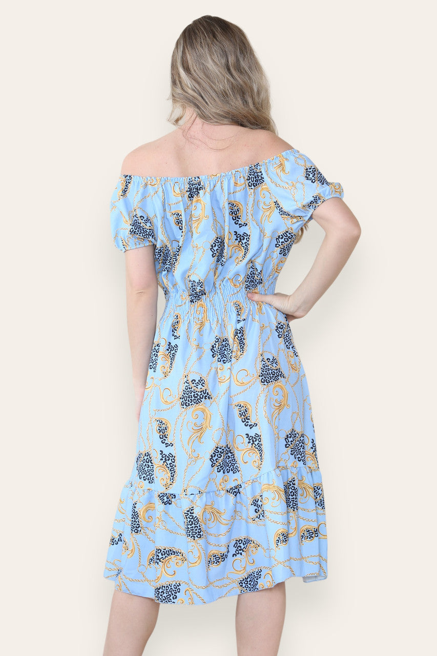 BAROQUE CHAIN PRINT MIDI DRESS LIGHT BLUE