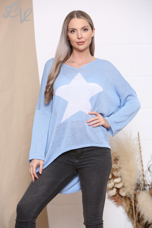 Dames Ster Voorkant Gebreide Trui Top Denim