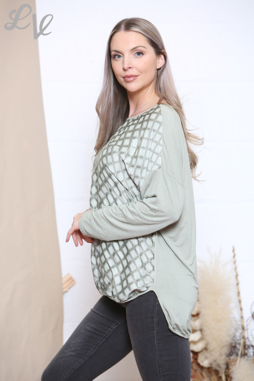 Dames Art Deco Print Khaki Top