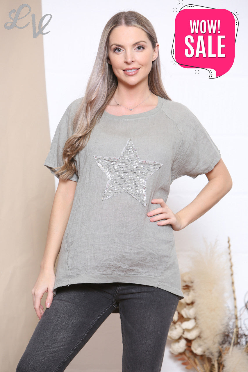 Dames Mesh Sequin Star Top Taupe