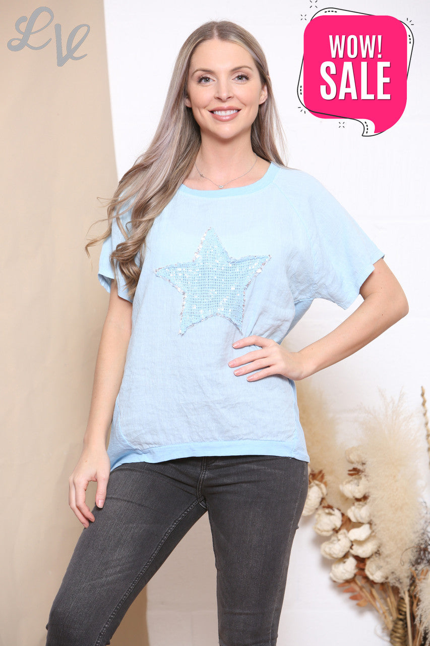 Ladies Mesh Sequin Star Top Sky Blue