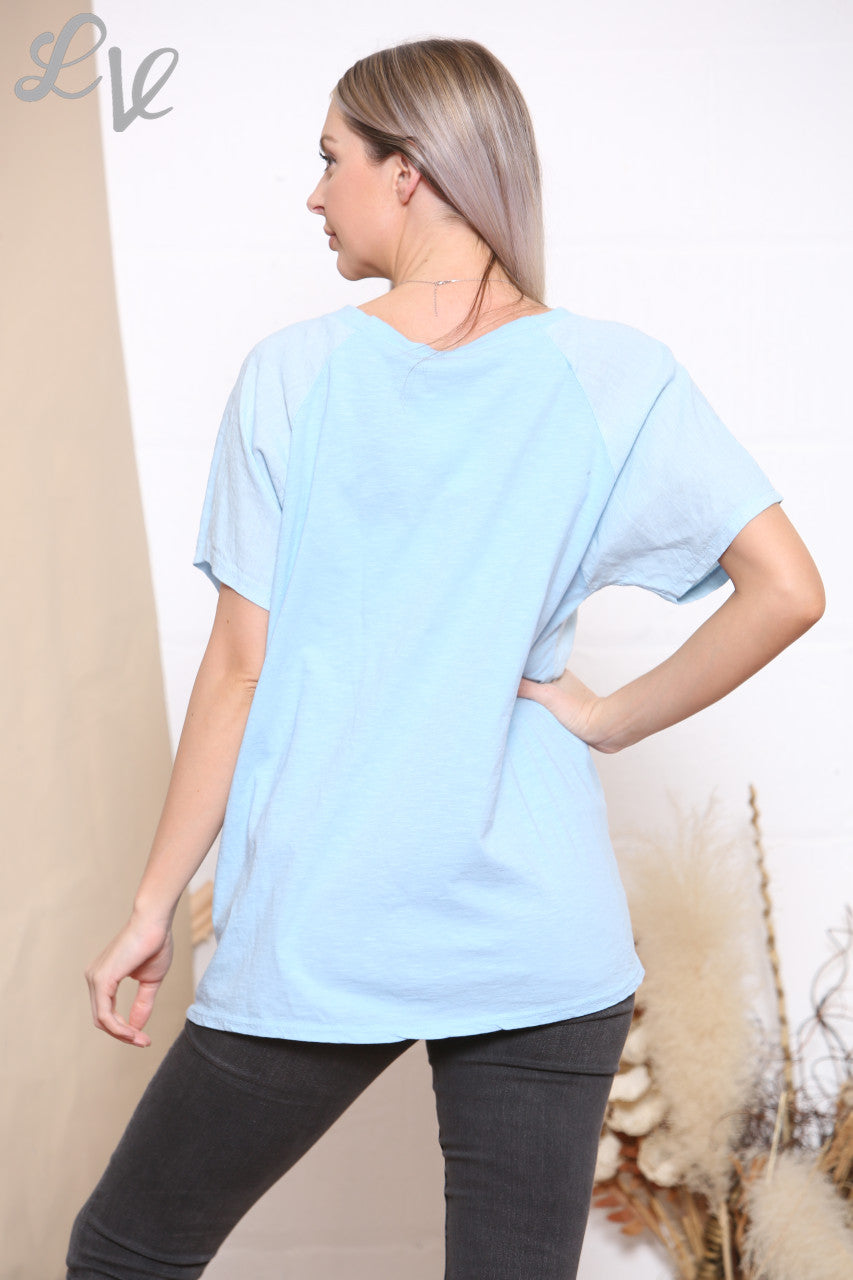 Ladies Mesh Sequin Star Top Sky Blue