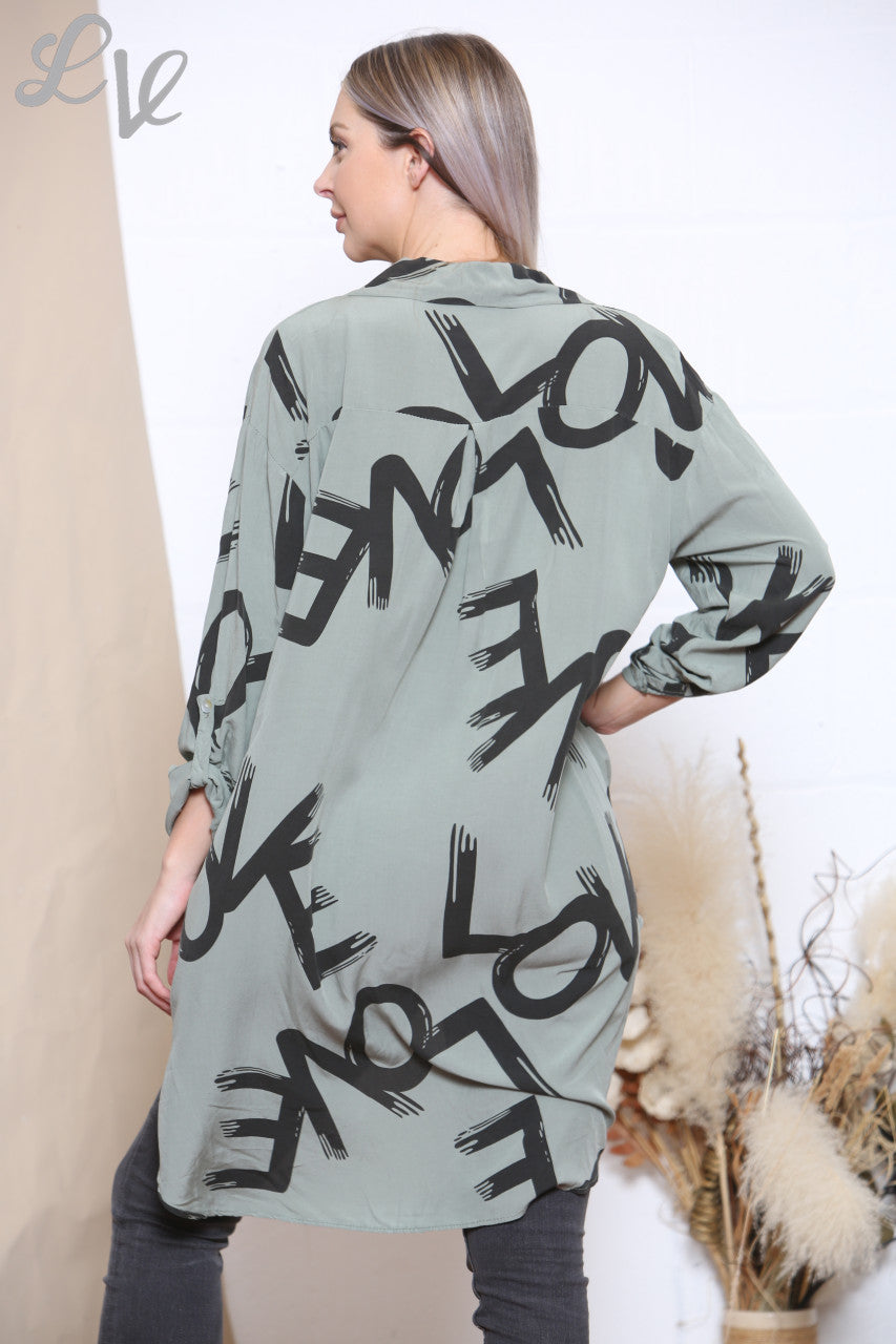 Ladies Love Graffiti Print Shirt Top Khaki