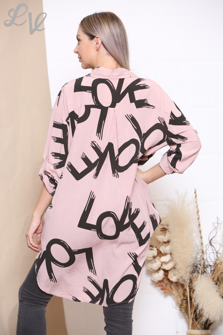 Ladies Love Graffiti Print Shirt Top Dusty Pink