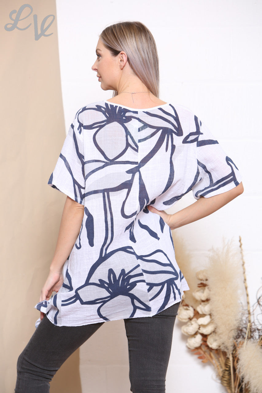 Ladies Floral Line Abstract Print Top White