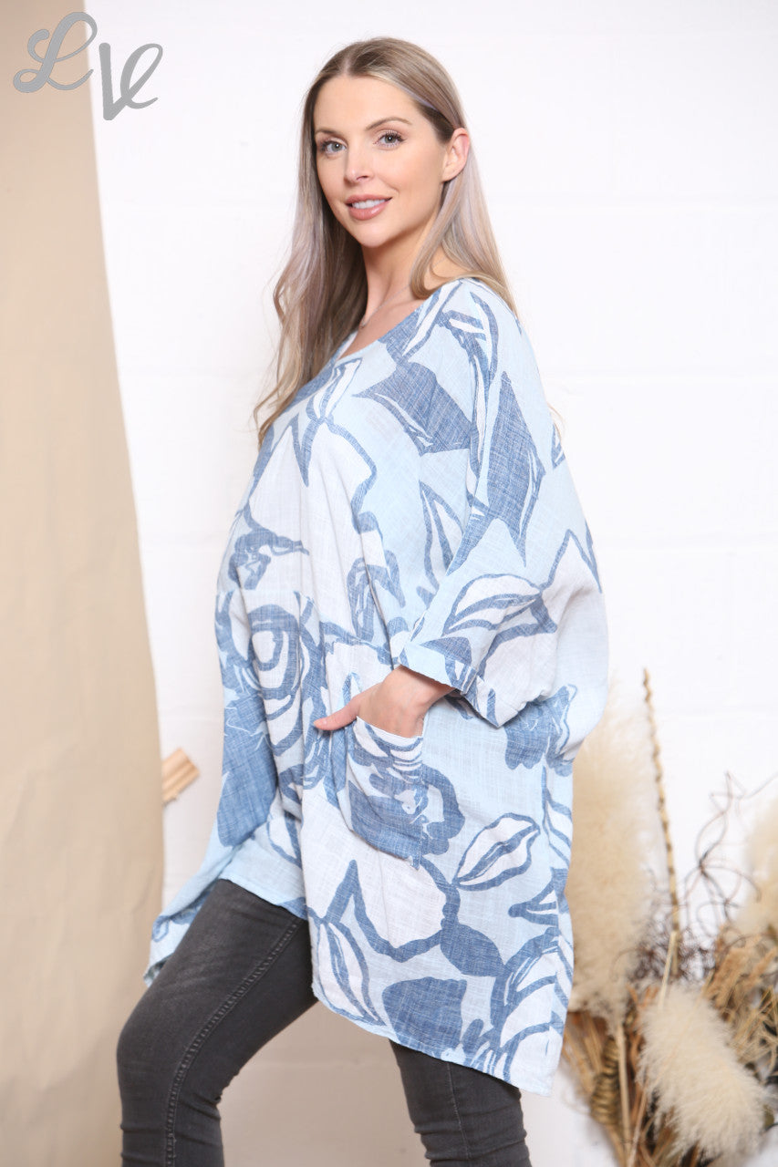 Ladies Floral Abstract Print Top Sky Blue Unit Price £9.99