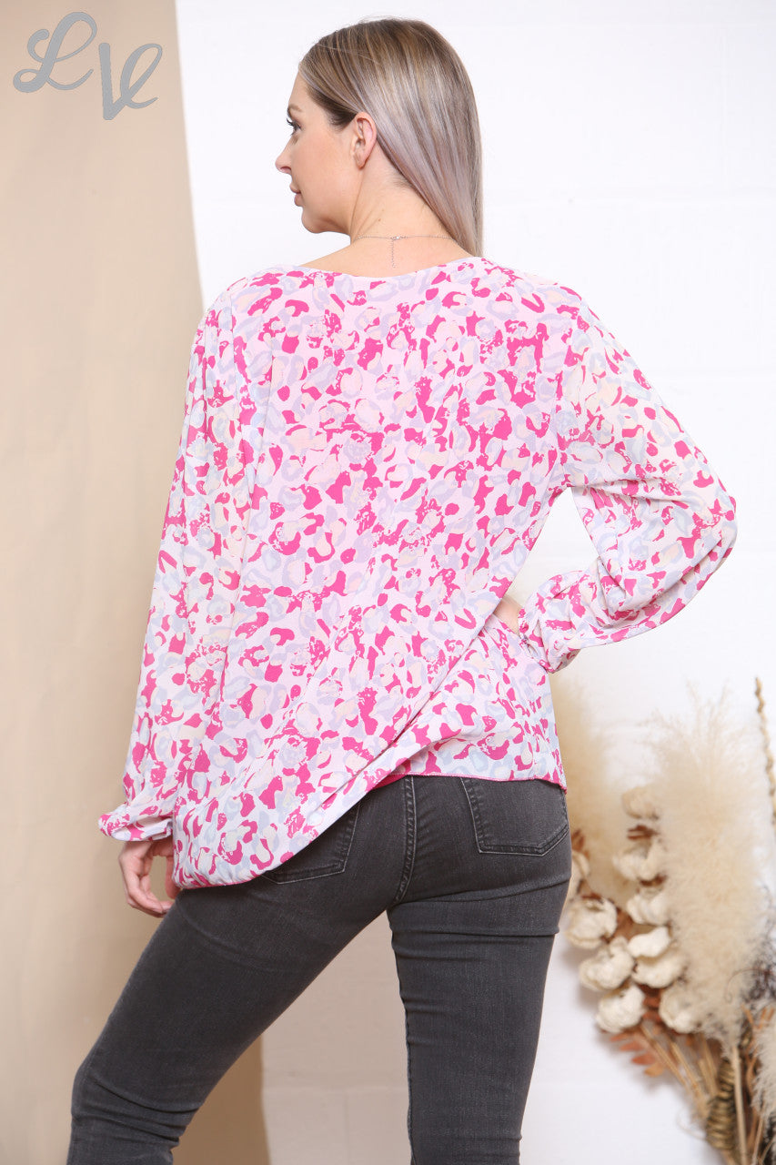 Ladies Ditsy Animal Print Pleated Blouse Top Cerise