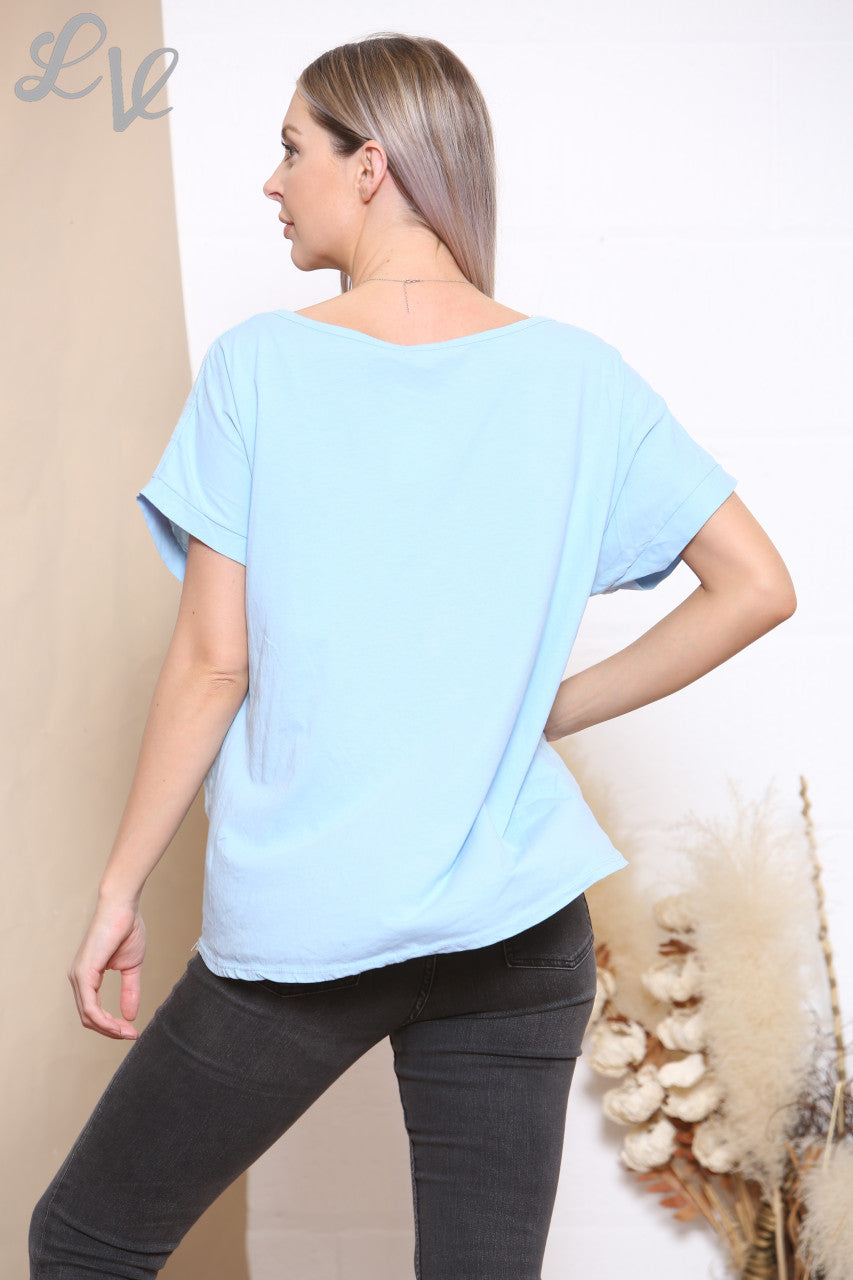 Ladies Sequin Heart Cluster Top Sky Blue