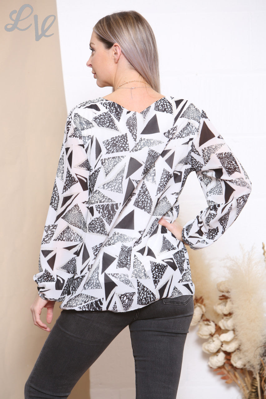 Dames Diamantprint Geplooide Blouse Top Wit