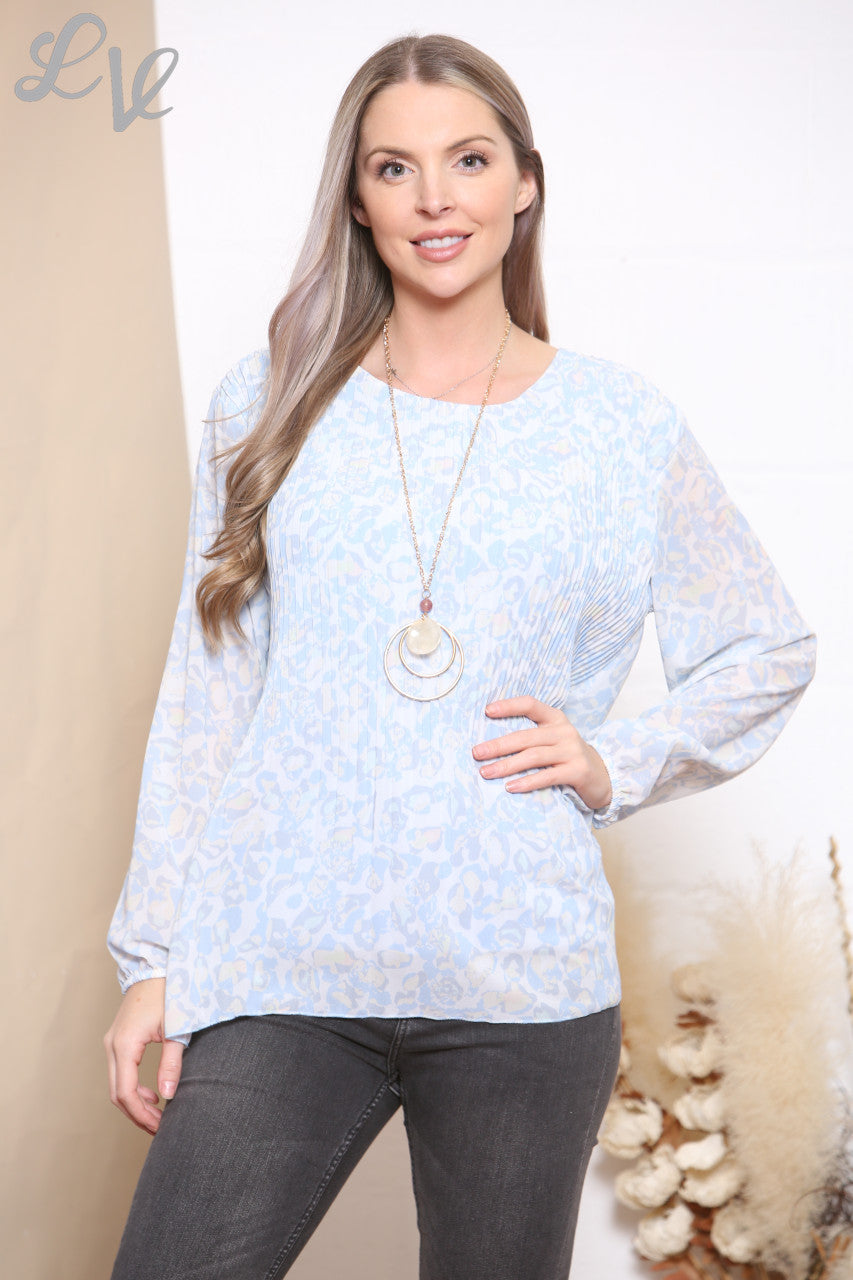 Ladies Ditsy Animal Print Pleated Blouse Top Sky Blue