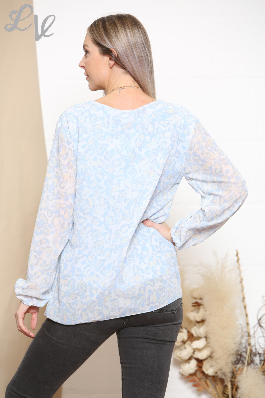 Ladies Ditsy Animal Print Pleated Blouse Top Sky Blue