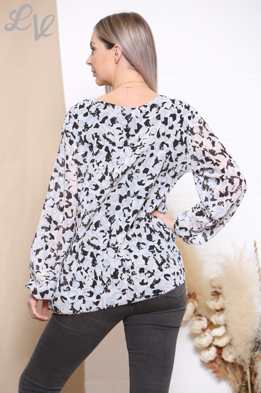 Dames geplooide blouse met dierenprint (ditsy) zwart