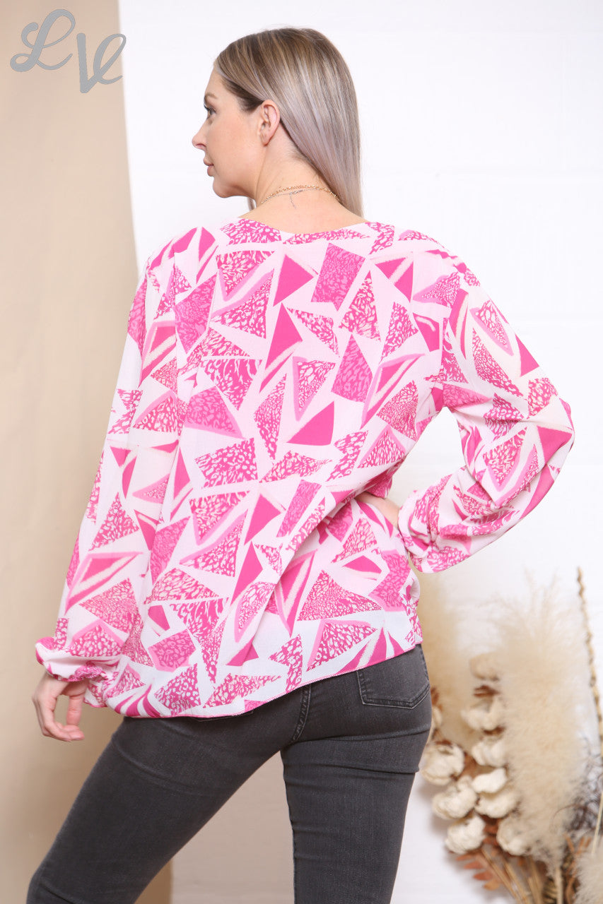 Ladies Diamonds Print Pleated Blouse Top Cerise