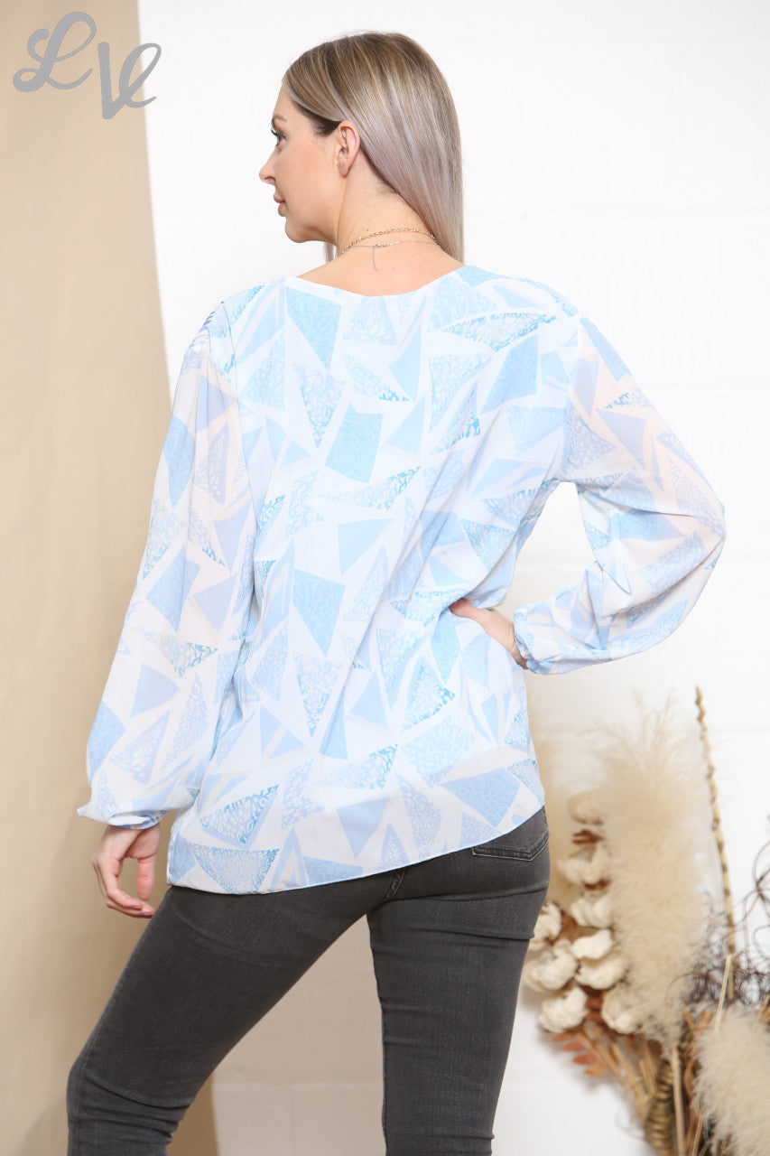 Dames Blouse met Plooien en Diamantprint Hemelsblauw