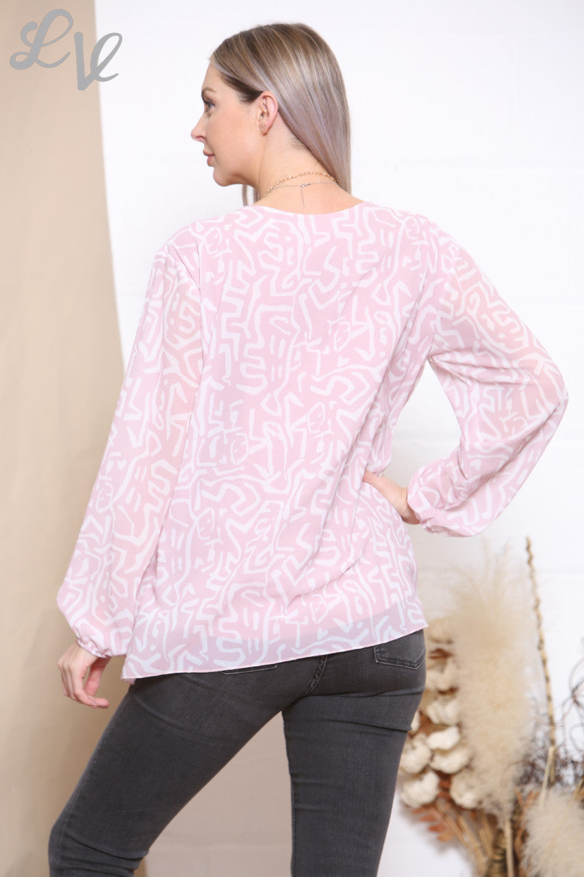 Dames geplooide blouse met krabbelprint stofroze