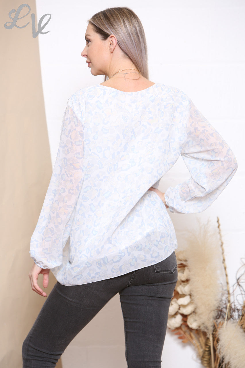 Ladies Ditsy Animal Print Pleated Blouse Top Silver