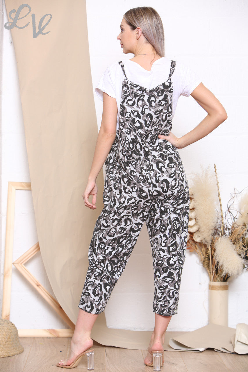 Ladies Abstract Animal Print Dungarees + T-shirt Grey
