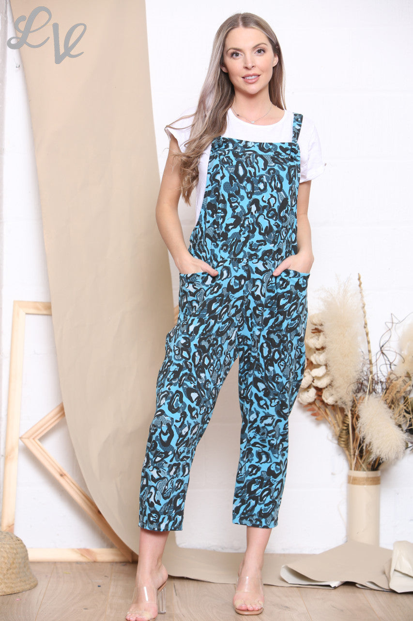 Dames tuinbroek met abstracte dierenprint + T-shirt Turkoois