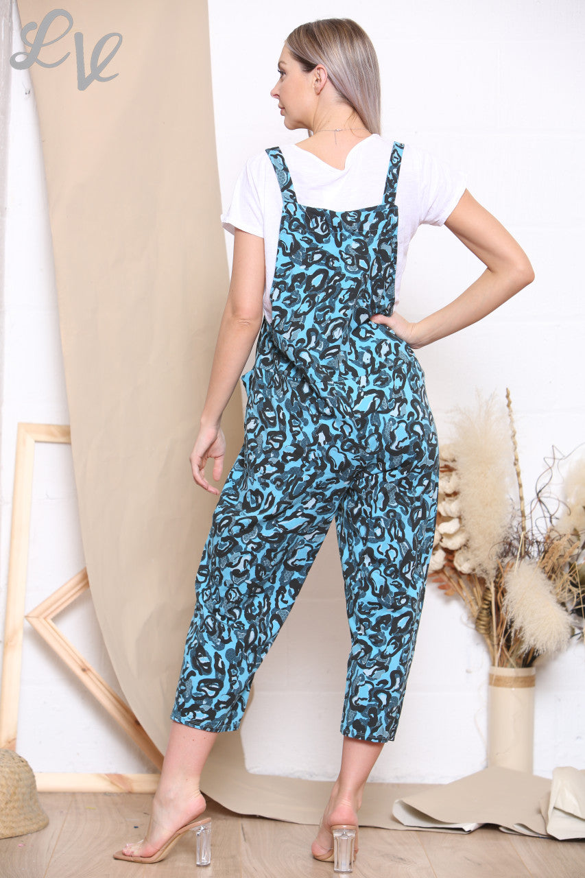 Dames tuinbroek met abstracte dierenprint + T-shirt Turkoois