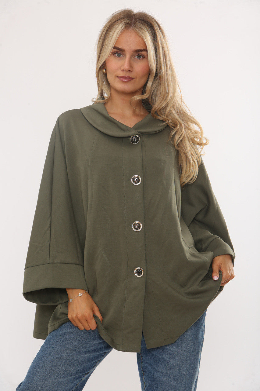 JAS MET RONDGEWERKTE HALS EN KNOPEN - KHAKI