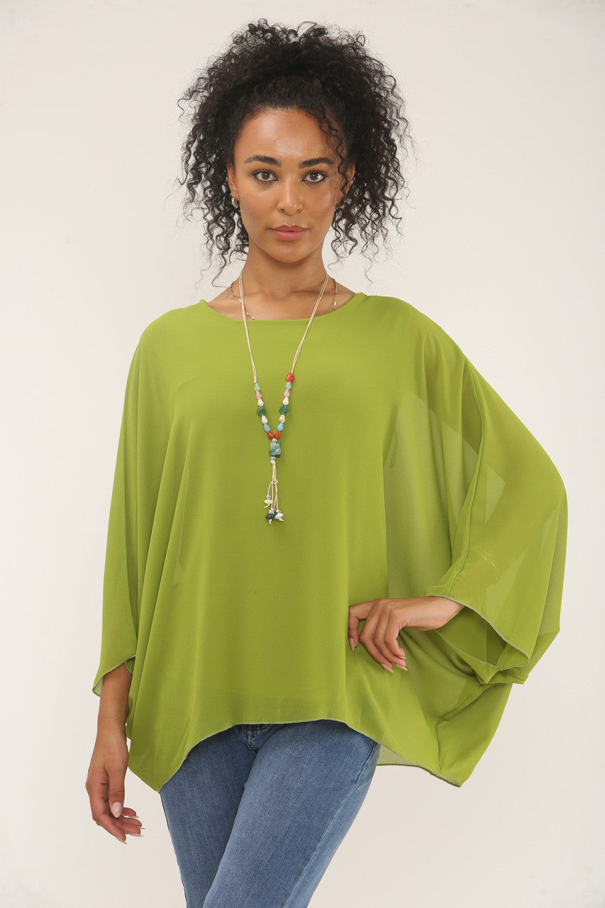 VLEERMUISMOUWBLOUSE MET KETTING - LIMOENGROEN