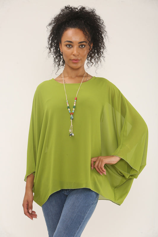 VLEERMUISMOUWBLOUSE MET KETTING - LIMOENGROEN