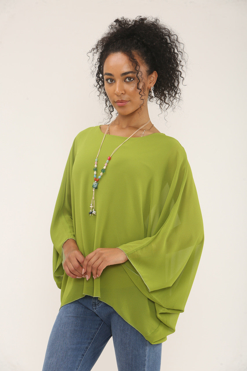 VLEERMUISMOUWBLOUSE MET KETTING - LIMOENGROEN