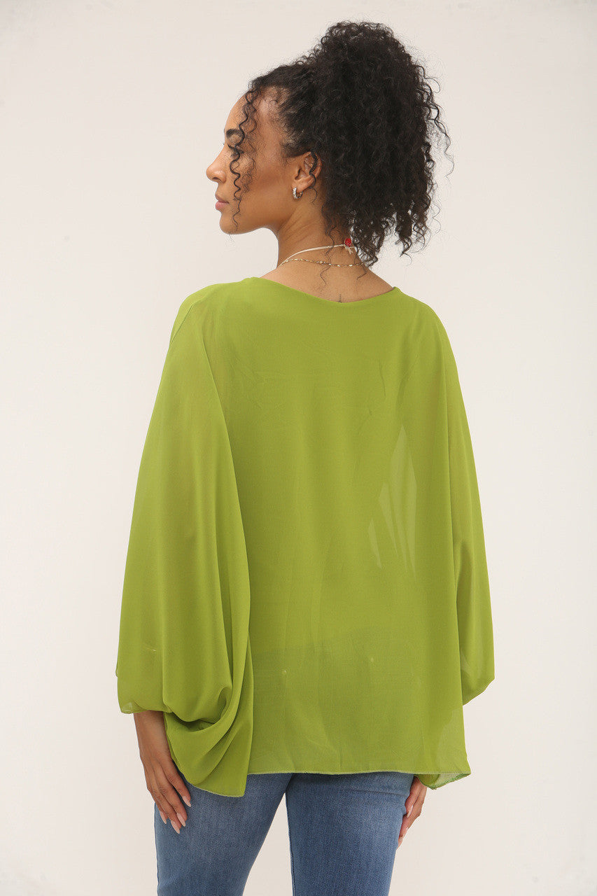 VLEERMUISMOUWBLOUSE MET KETTING - LIMOENGROEN