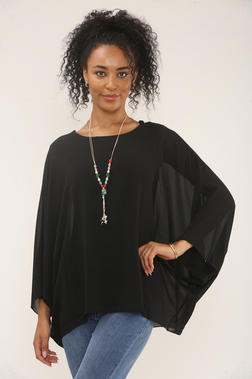 VLEERMUISMOUW BLOUSE MET KETTING - ZWART