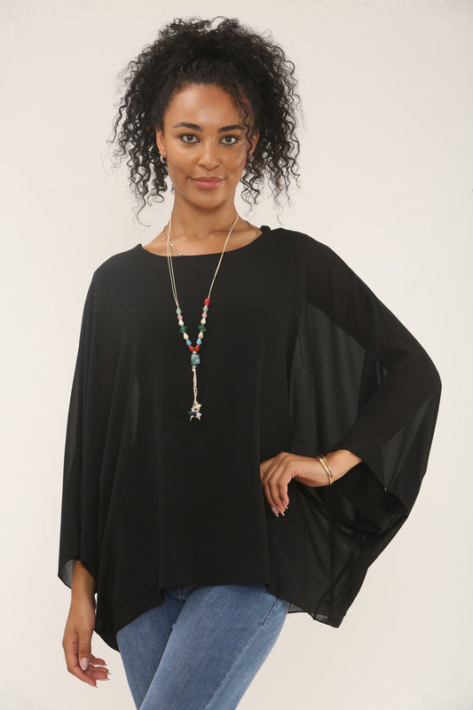BATWING BLOUSE WITH NECKLACE - BLACK