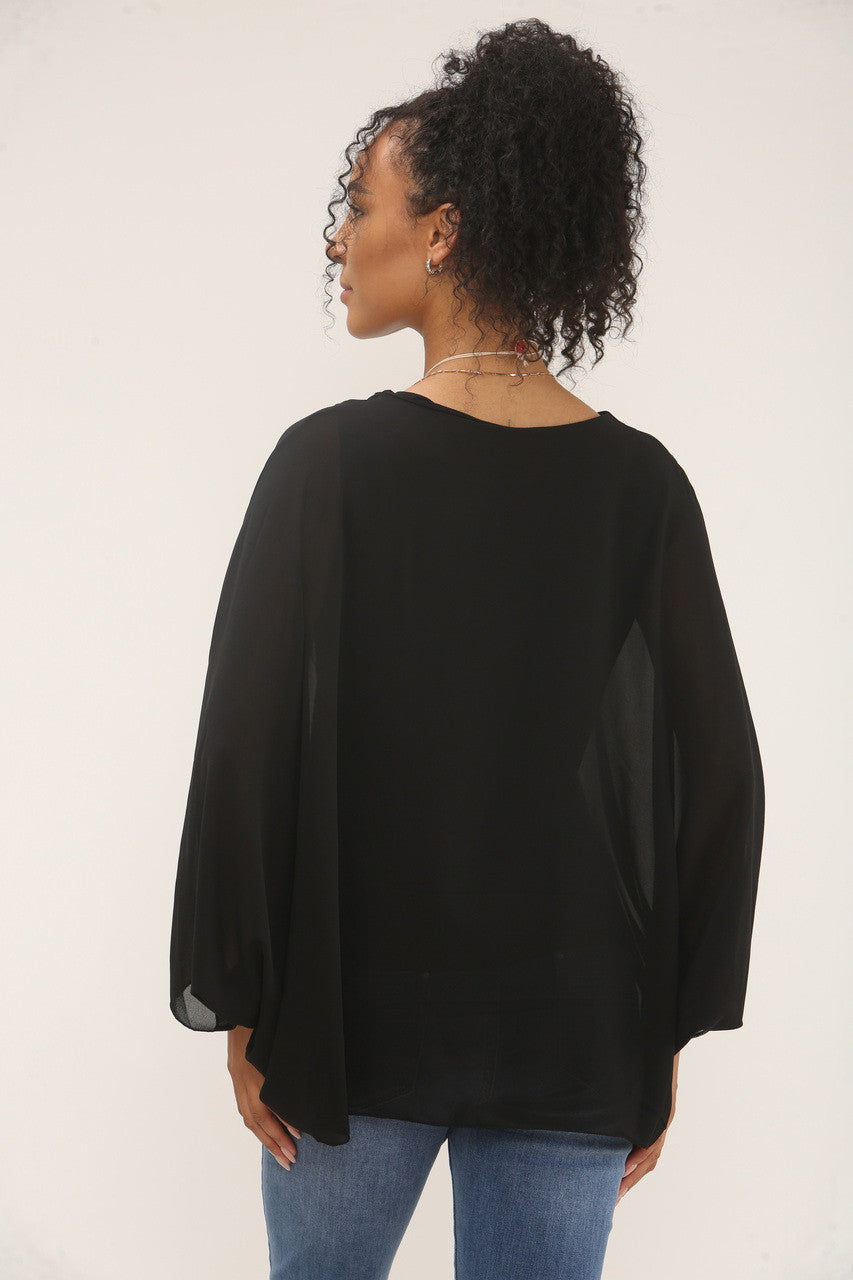 VLEERMUISMOUW BLOUSE MET KETTING - ZWART