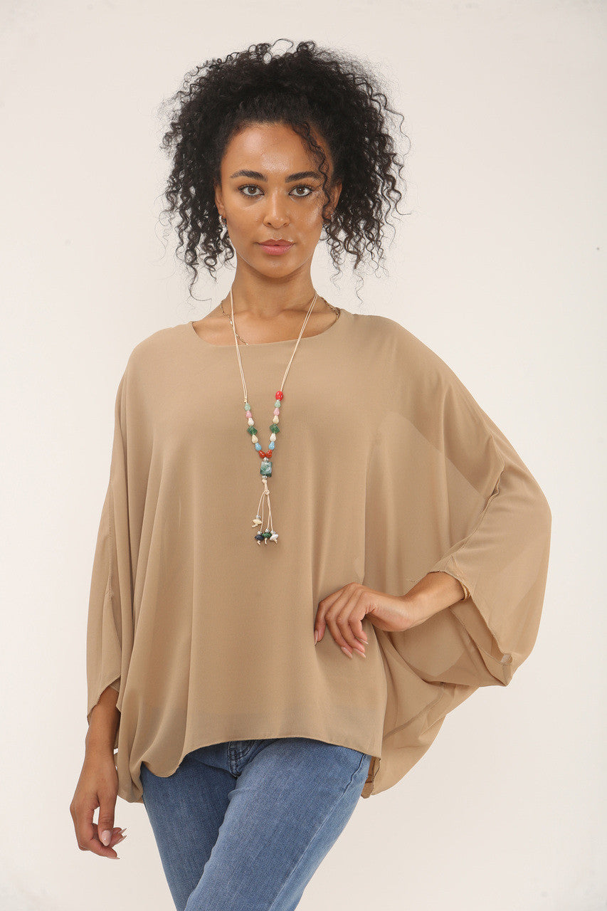 VLINDERMOUW BLOUSE MET KETTING - CAMEL