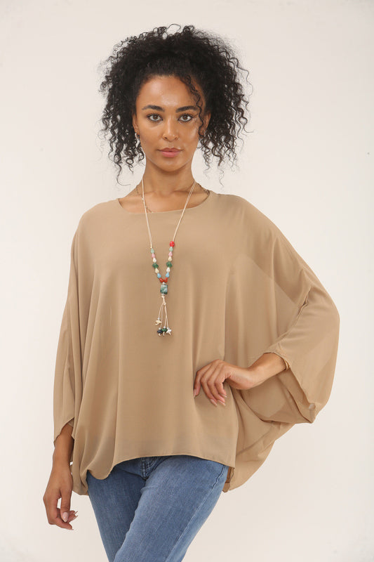 VLINDERMOUW BLOUSE MET KETTING - CAMEL
