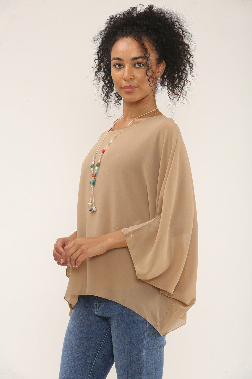 VLINDERMOUW BLOUSE MET KETTING - CAMEL