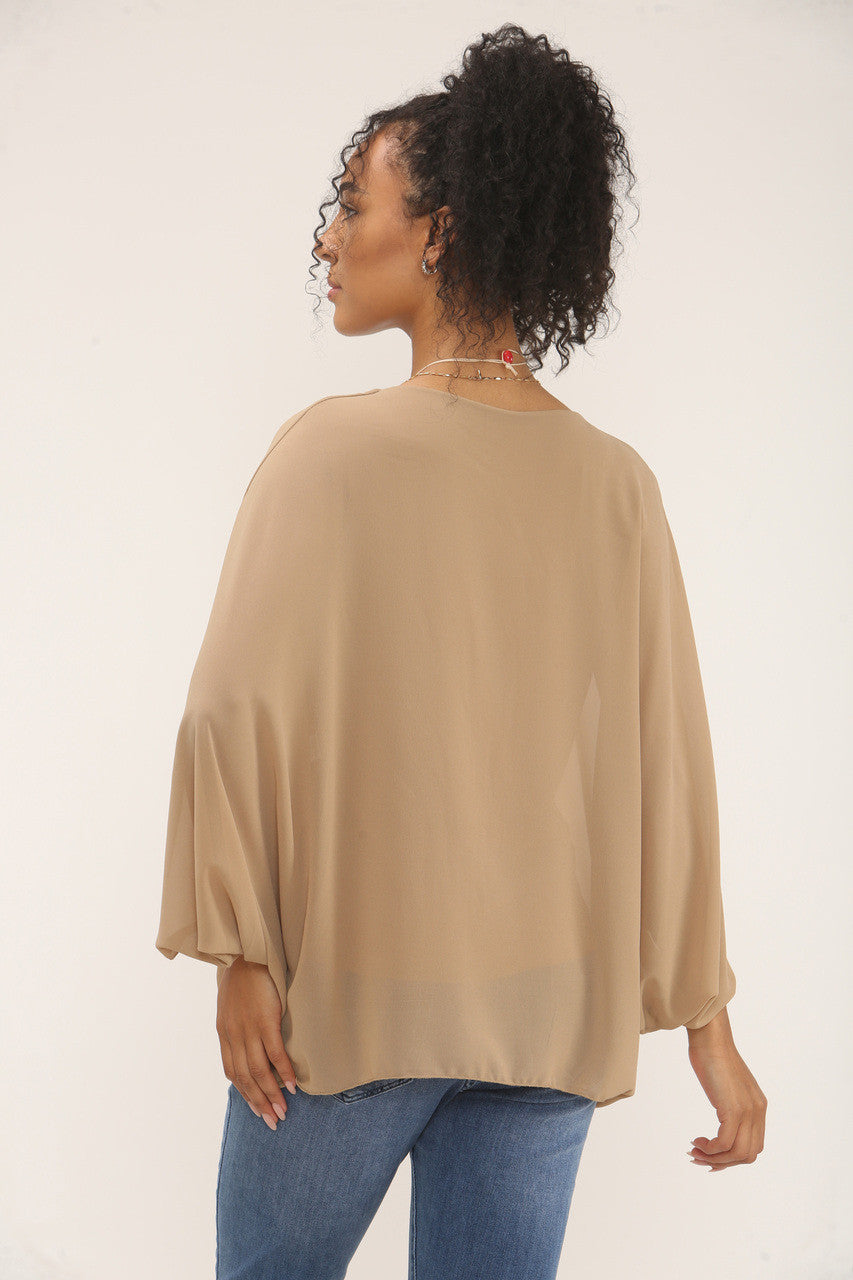 VLINDERMOUW BLOUSE MET KETTING - CAMEL
