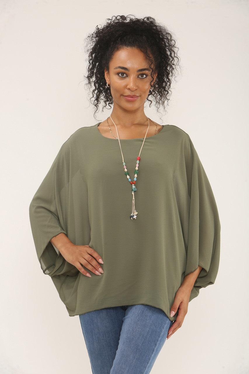 VLEERMUISMOUWBLOUSE MET KETTING - KHAKI