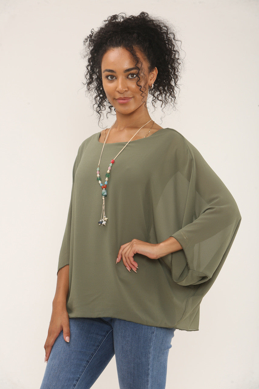 VLEERMUISMOUWBLOUSE MET KETTING - KHAKI
