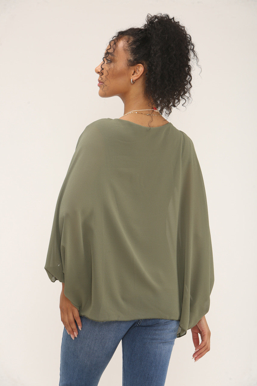 VLEERMUISMOUWBLOUSE MET KETTING - KHAKI