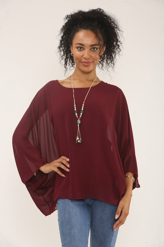 BATWING BLOUSE WITH NECKLACE - BURGUNDY