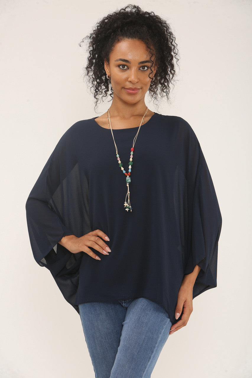 VLINDERMOUW BLOUSE MET KETTING - NAVY