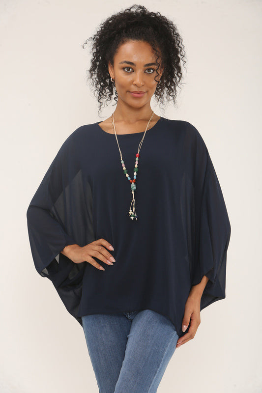 BATWING BLOUSE WITH NECKLACE - NAVY