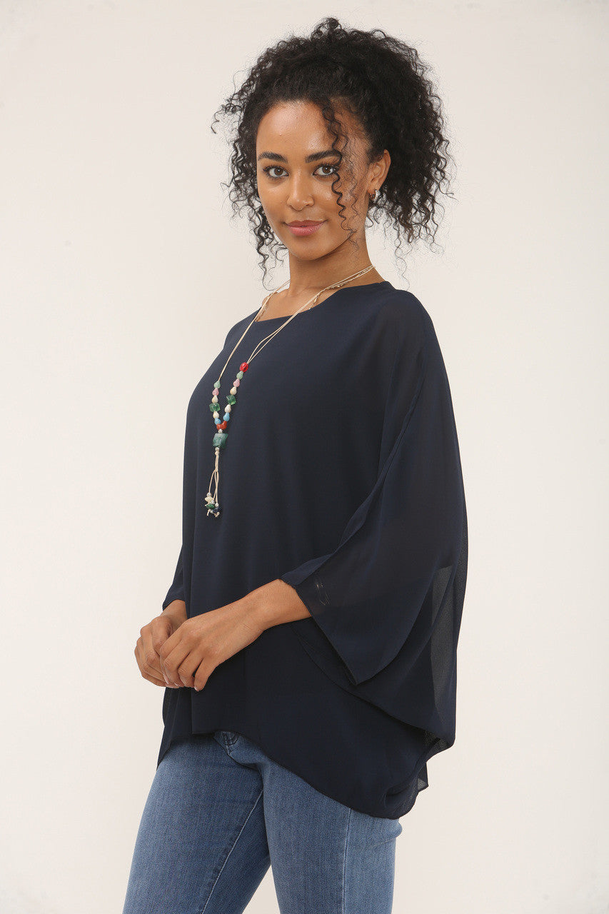 VLINDERMOUW BLOUSE MET KETTING - NAVY