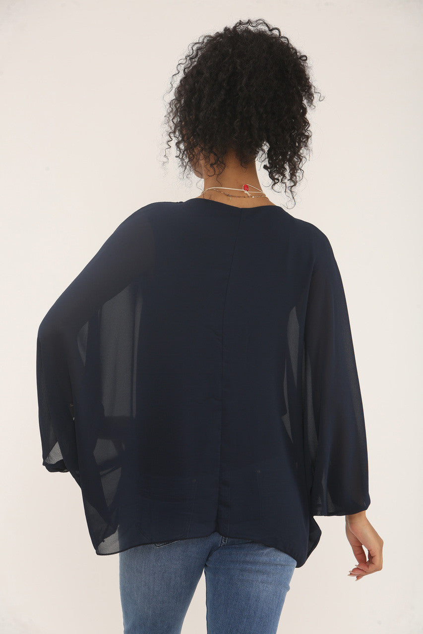 VLINDERMOUW BLOUSE MET KETTING - NAVY