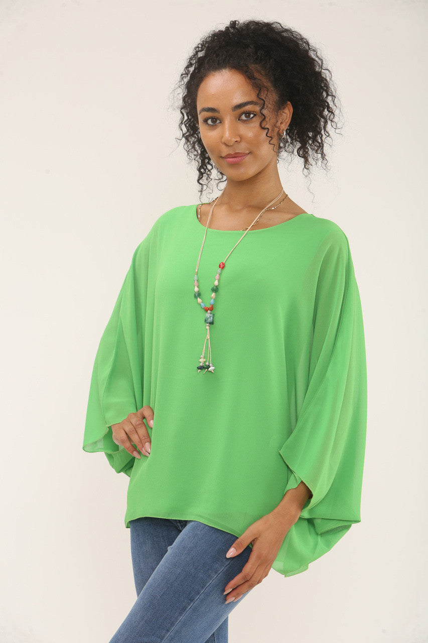 BATWING BLOUSE WITH NECKLACE - PARAKEET GREEN