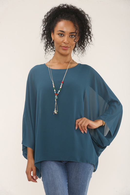 BATWING BLOUSE WITH NECKLACE - TEAL BLUE